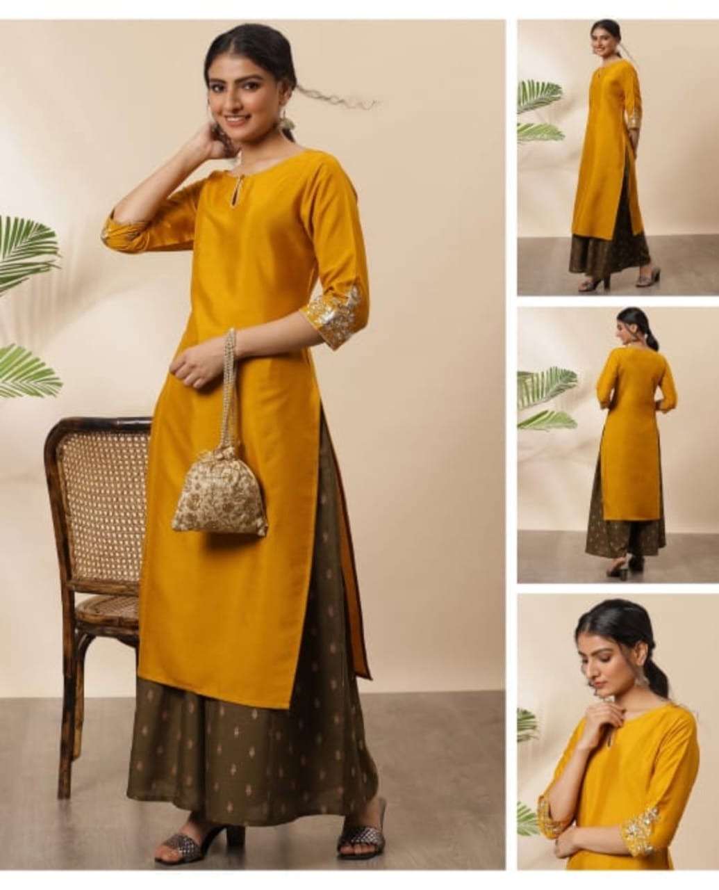 Poly silk kurti with embroidered sleeves