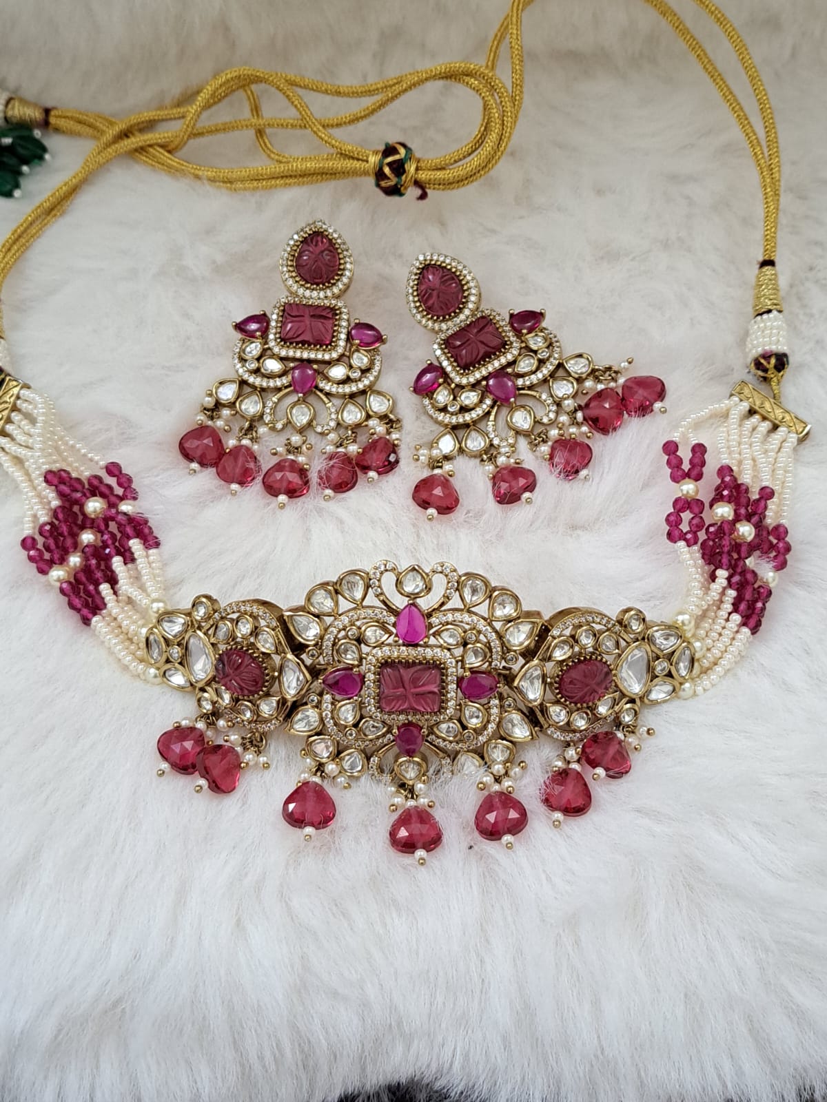 Victoria(mehndi) polish choker set with carved stones, kundan ,pearls and hydro-beads.