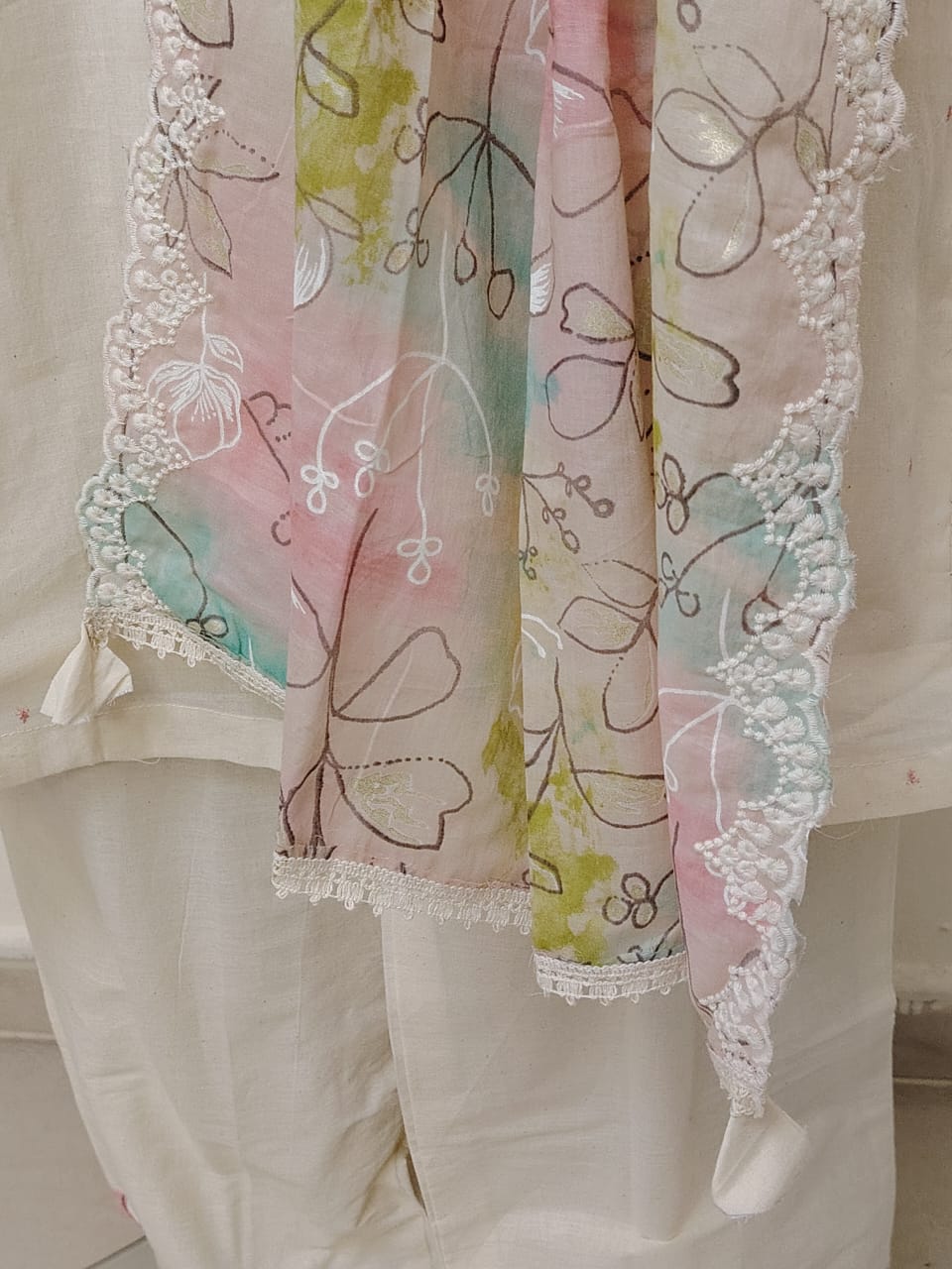 Off-White Cotton Aari Embroidered Suit with Hand-Painted Dupatta & Schiffli Lace – 3 Pc set