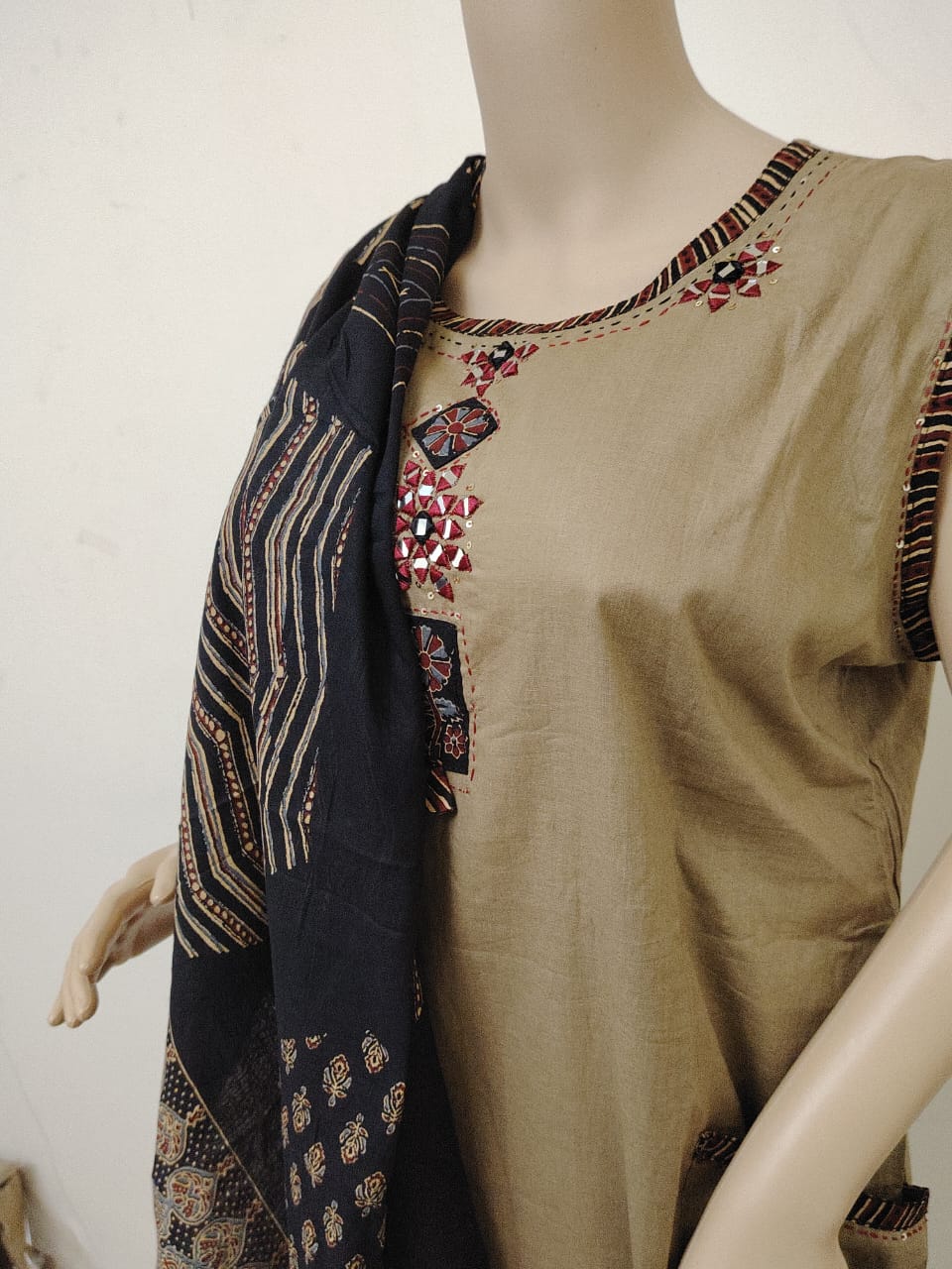 Pure cotton light brown 3pcs suit with mal cotton printed dupatta