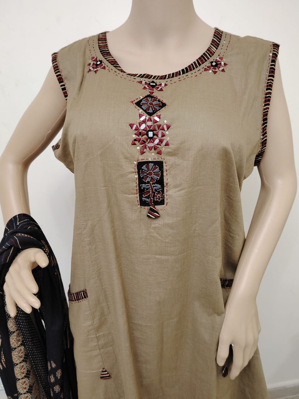 Pure cotton light brown 3pcs suit with mal cotton printed dupatta