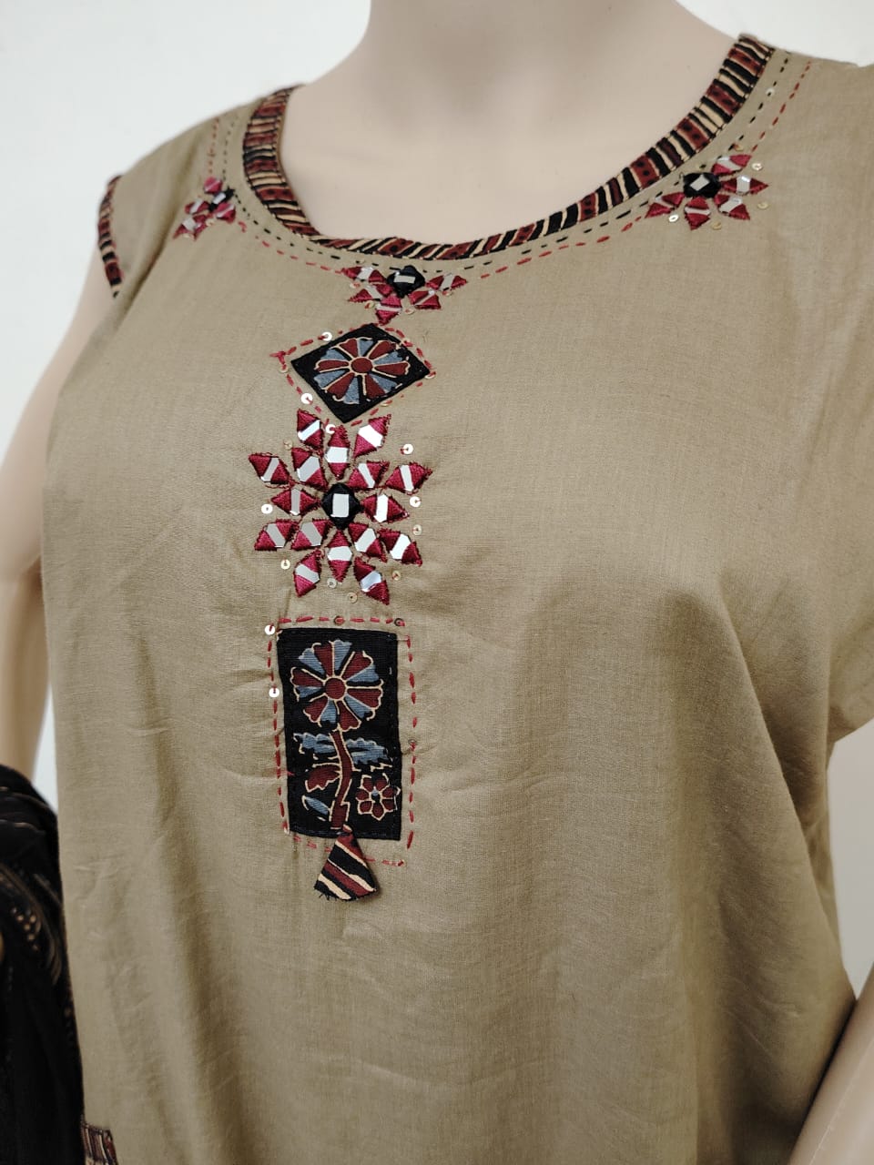 Olive Brown Cotton Kurta Set with Mirror Work & Ajrakh style Printed Dupatta – 3 Pc Set