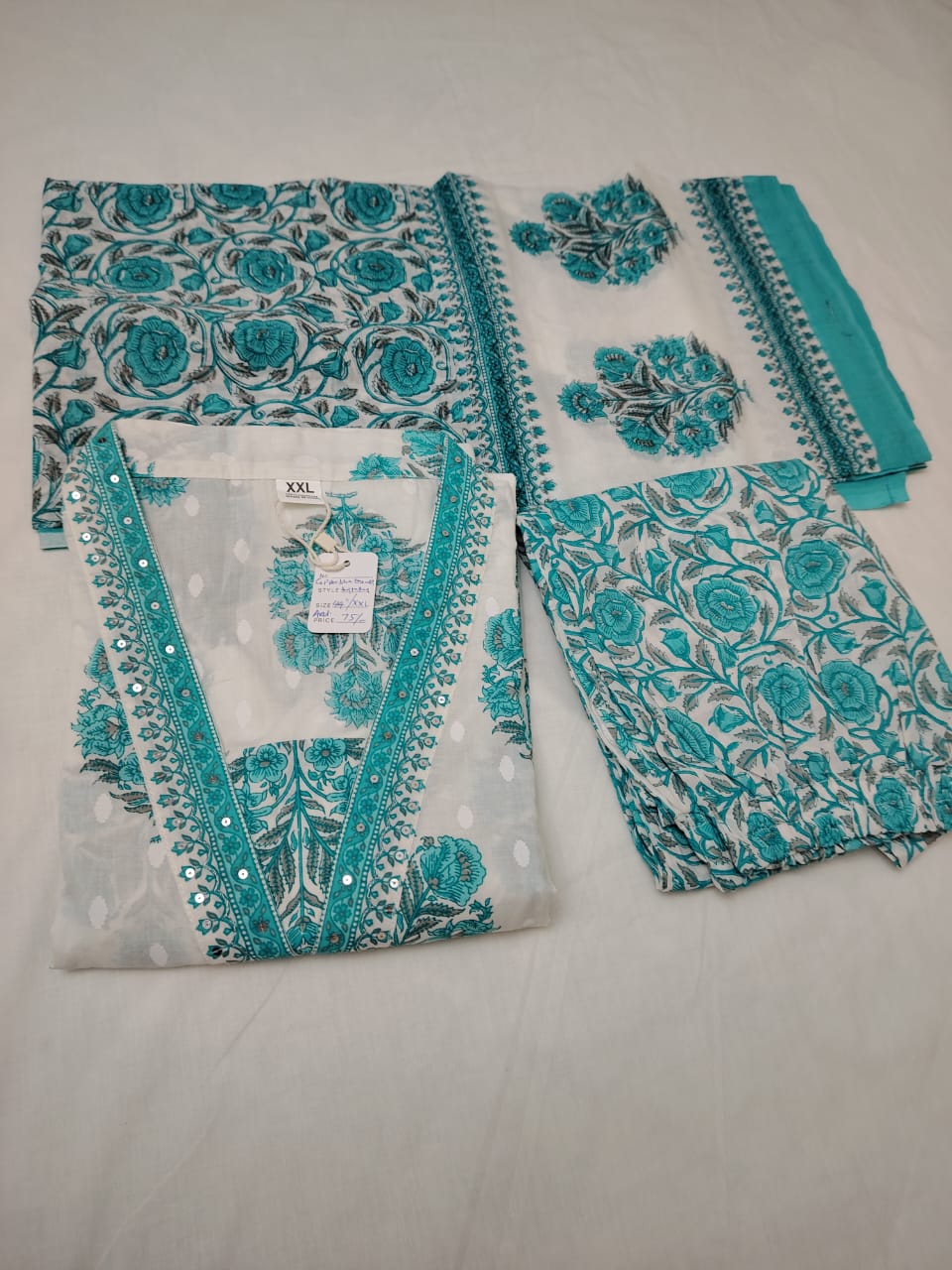 Elegant Jaipuri-Style Cotton Suit Set in White & Turquoise – 3 Piece.