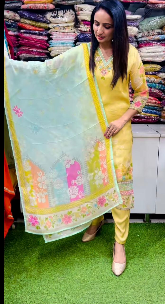 Noor organza - feel festive suit in yellow and aqua mint color