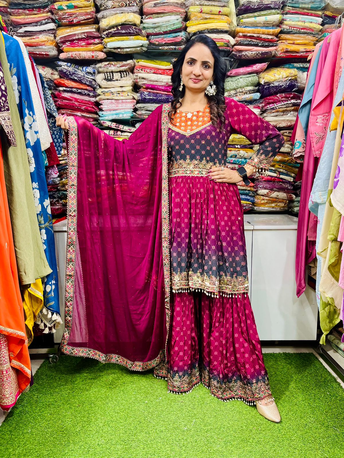 Digital printed crepe silk Ombre sharara in shades of purples with leather work