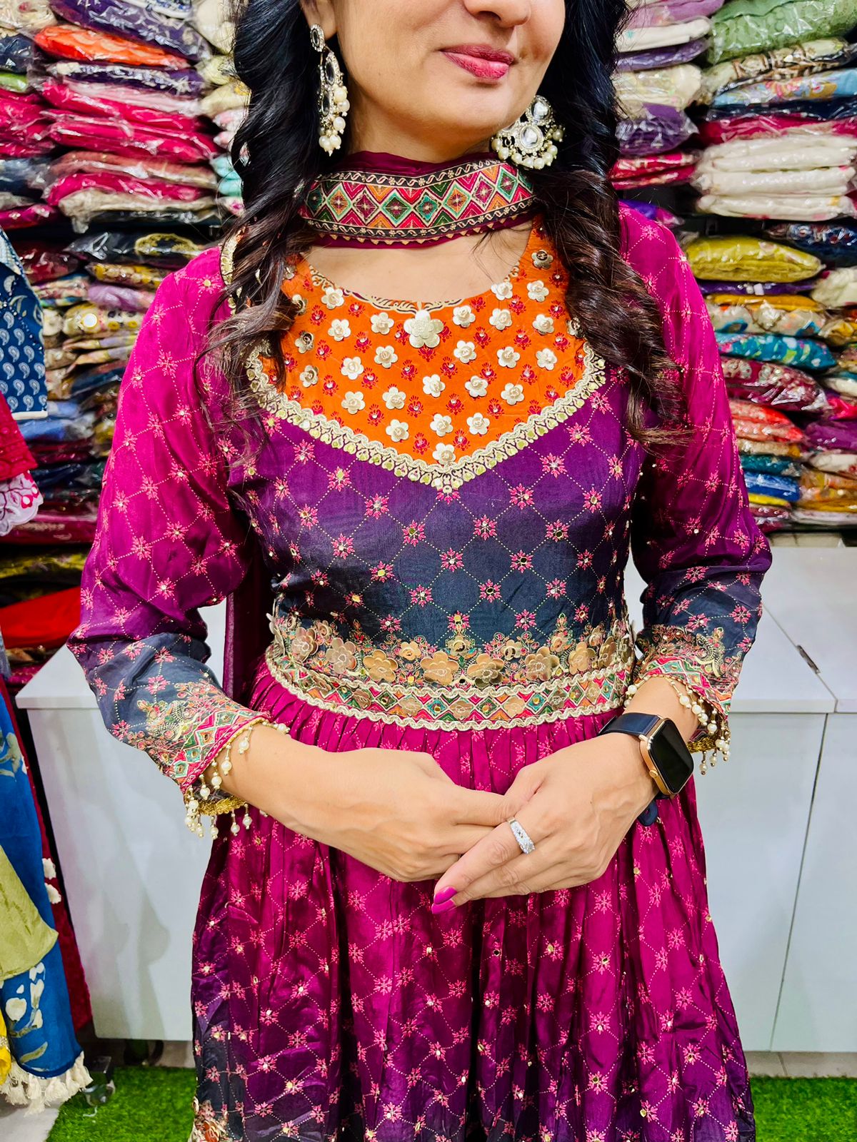 Digital printed crepe silk Ombre sharara in shades of purples with leather work