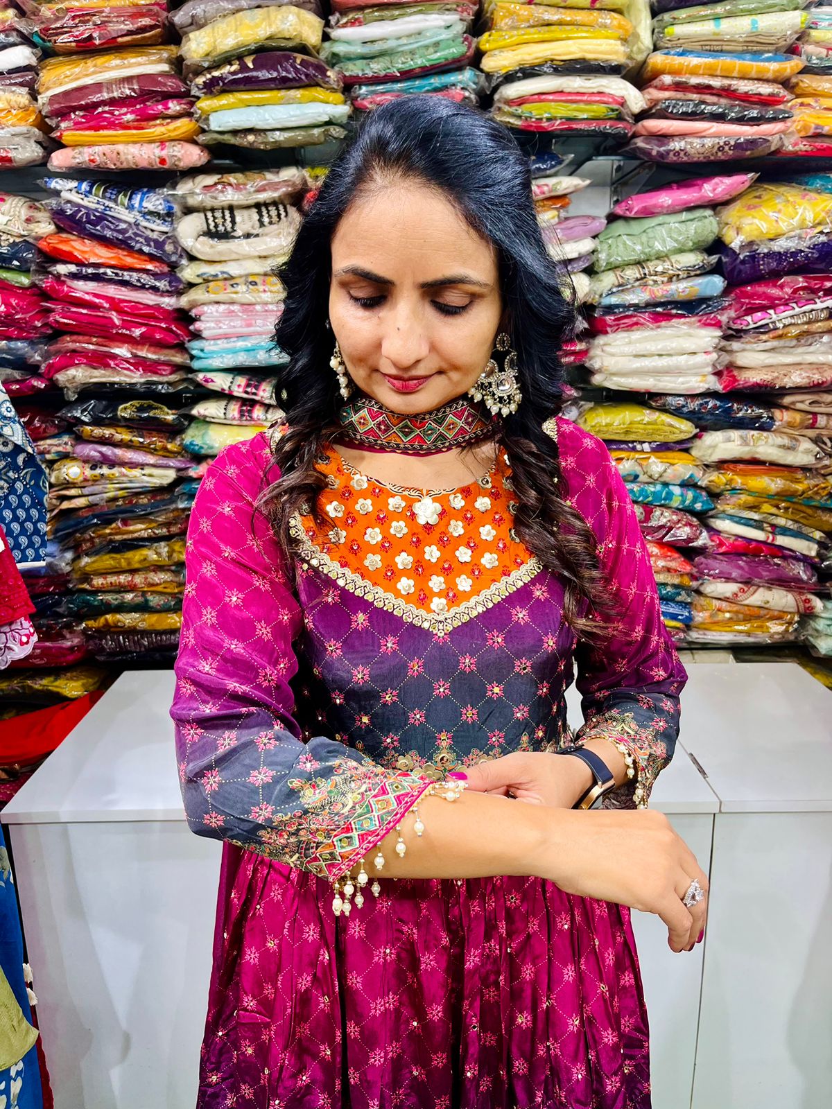 Digital printed crepe silk Ombre sharara in shades of purples with leather work
