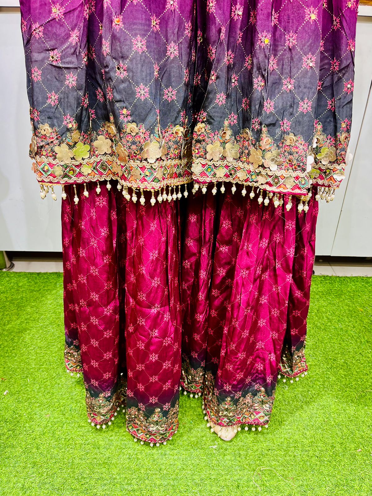 Digital printed crepe silk Ombre sharara in shades of purples with leather work