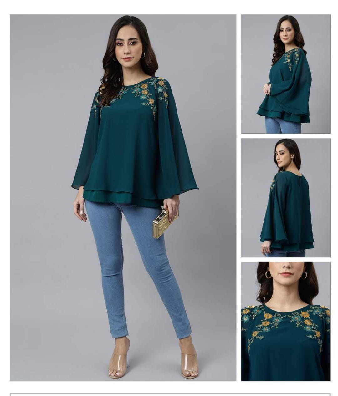 Georgette embellished butterfly tunic top with embroidery on shoulders