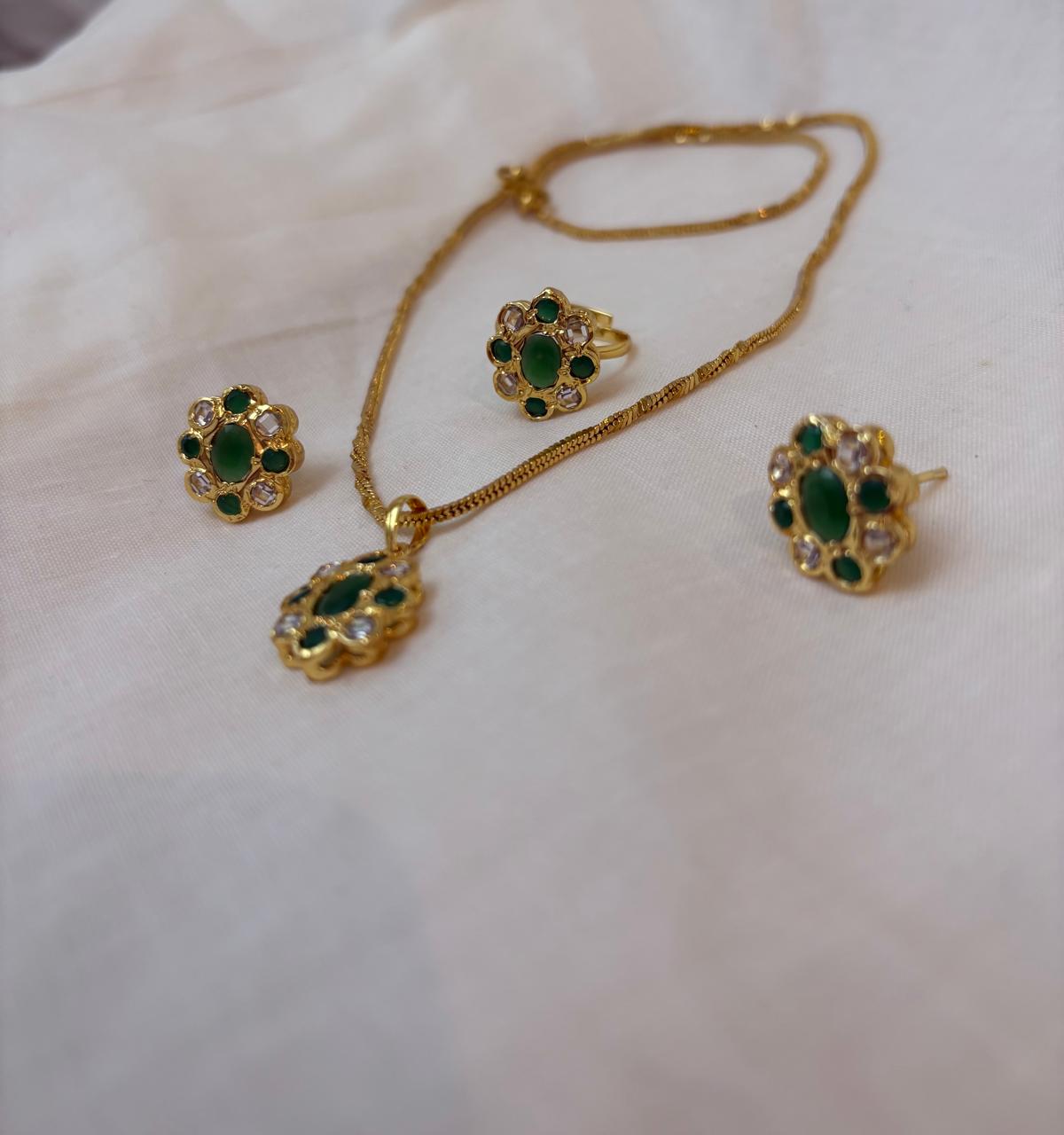 Pendant set with chain and finger ring- polki and emerald stones