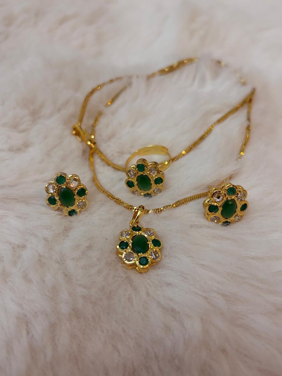 Pendant set with chain and finger ring- polki and emerald stones
