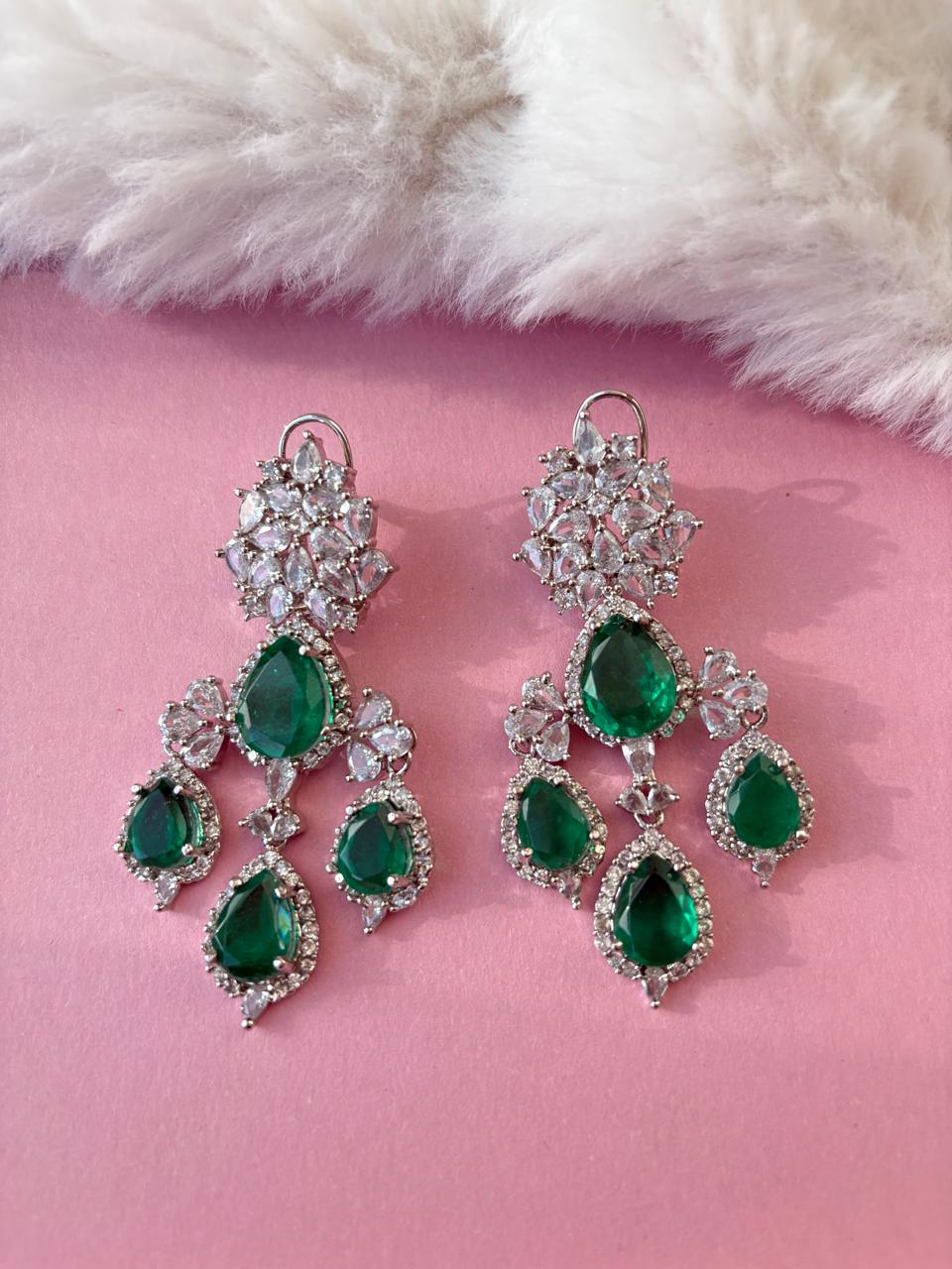 Emerald green drop earrings with CZ stones - bridal & party wear