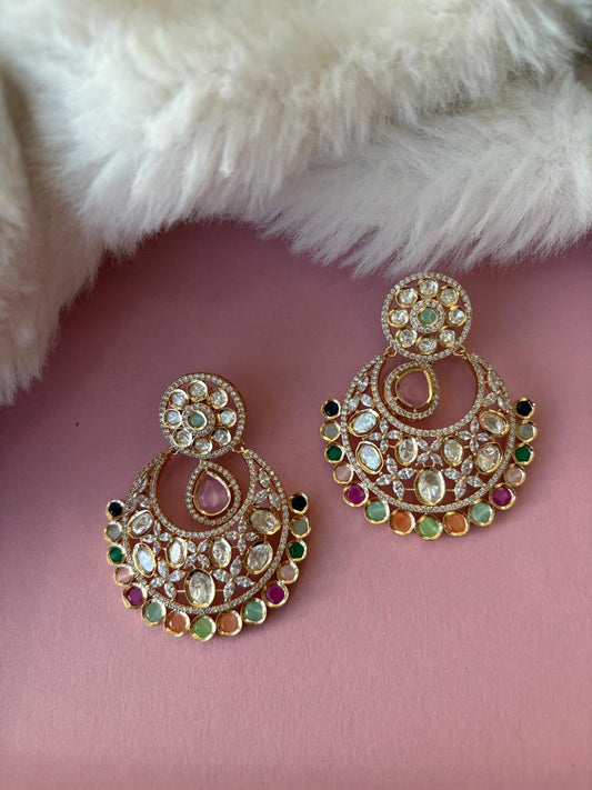 Statement kundan chandbaali with pota stones.