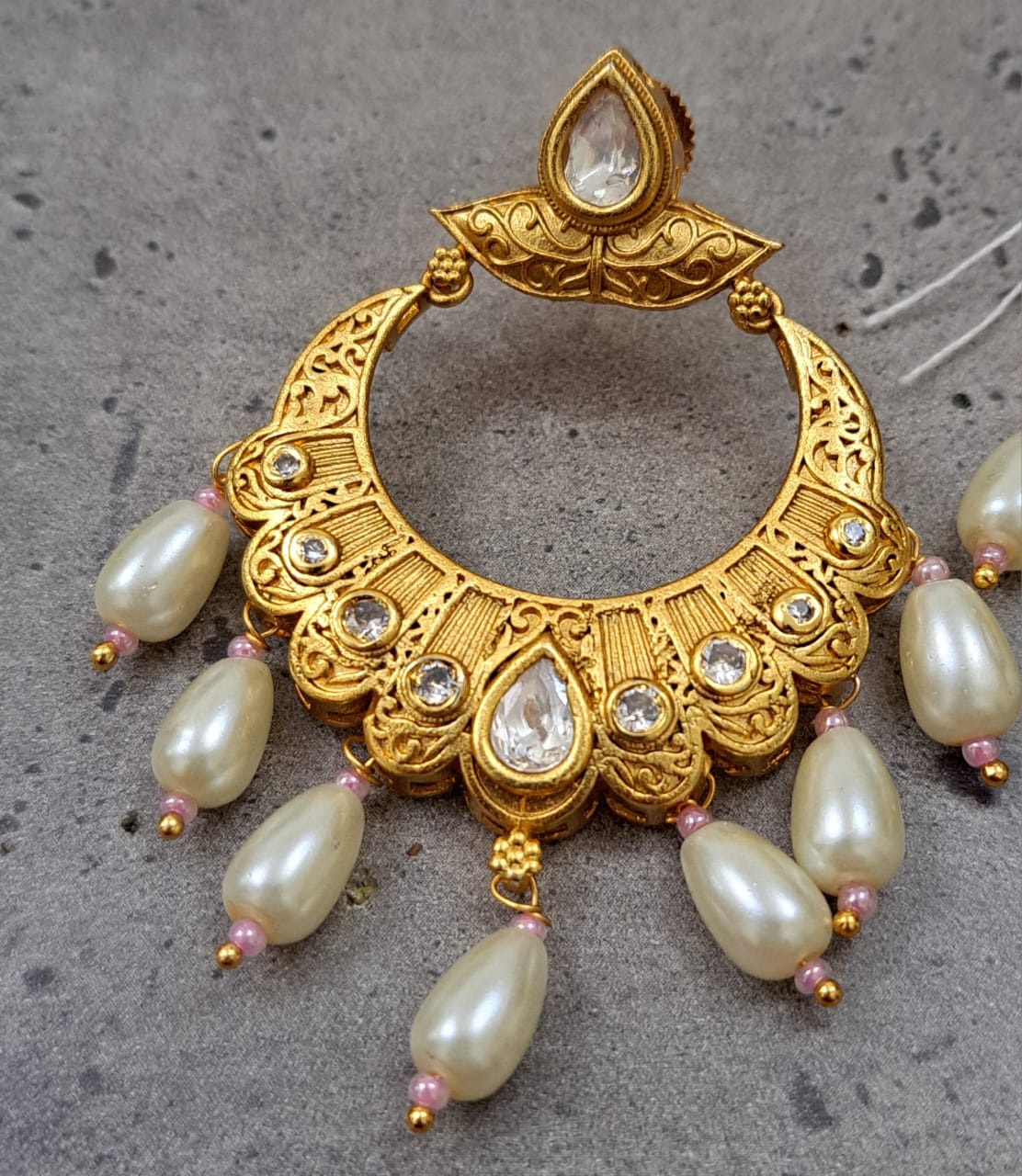 Antique kundan gold carving chand bali with pearls and pink beads