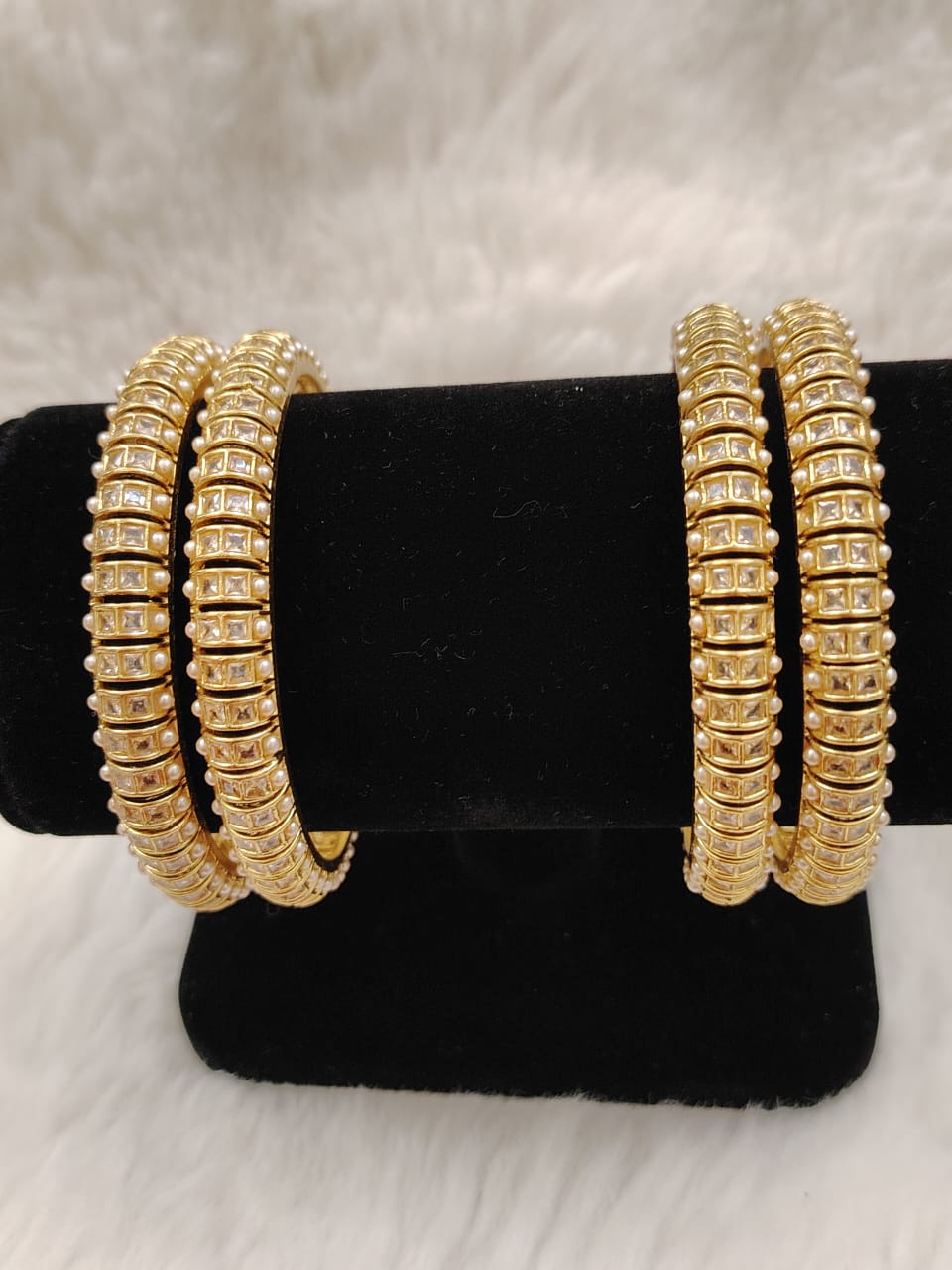 Statement gold bangles with kundans and pearls (2"6)