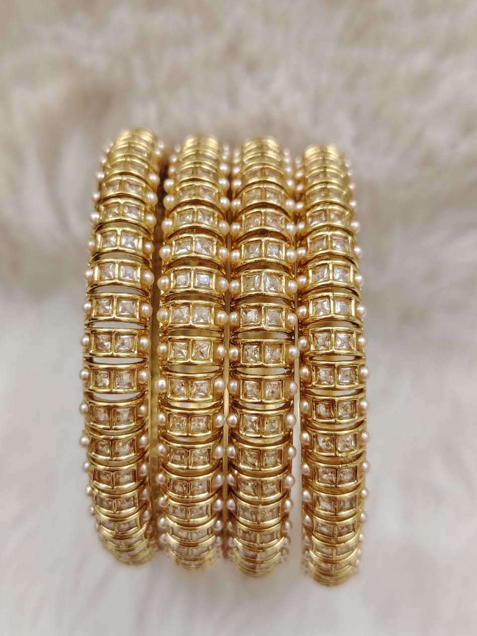 Statement gold bangles with kundans and pearls (2"6)