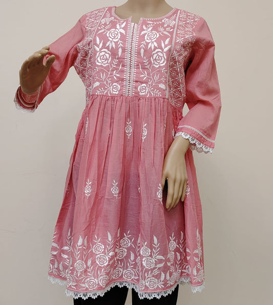 Pink chikankari knee length frock