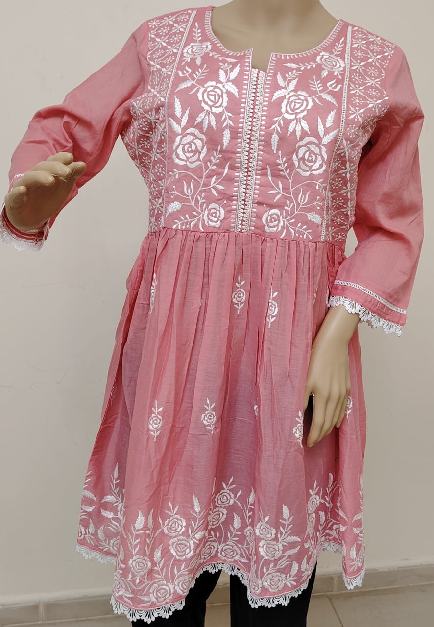 Pink chikankari knee length frock