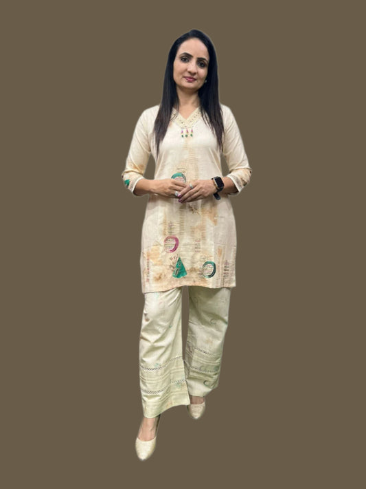 Minimalist boho co-ord set in light beige with thread detailing  