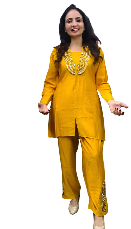 Cotton silk co-ord set in mustard 