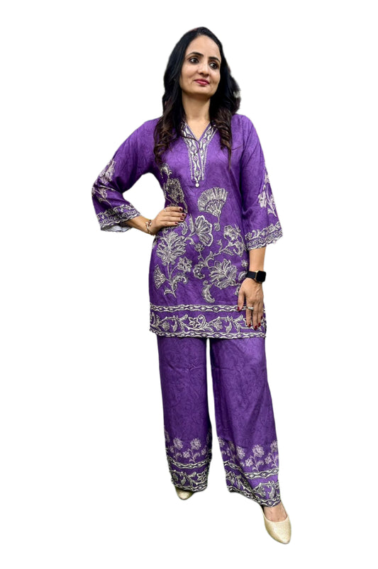Rich purple co-ord set with digital prints in black 