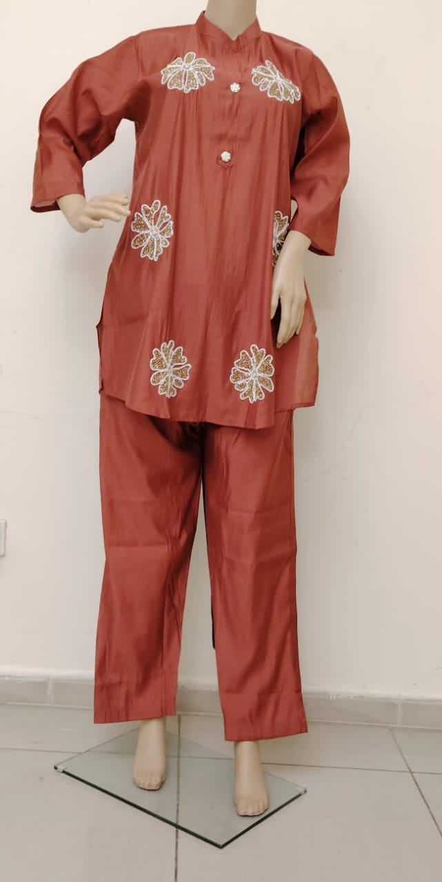 Roman silk co-ord set in red color