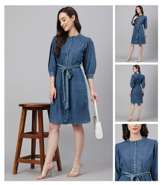 Denim blue dress front open with three-fourth sleeves
