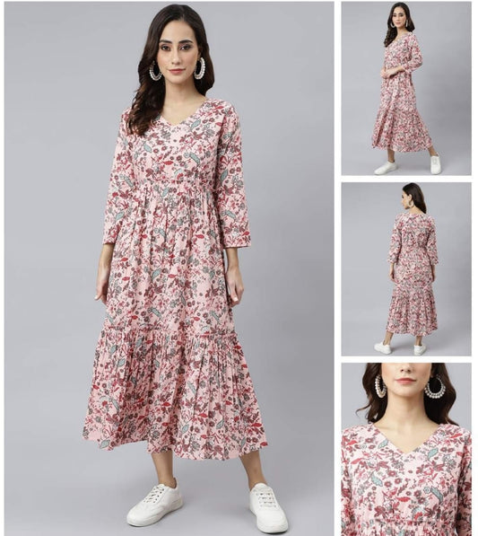 Cotton dress with floral prints in pink