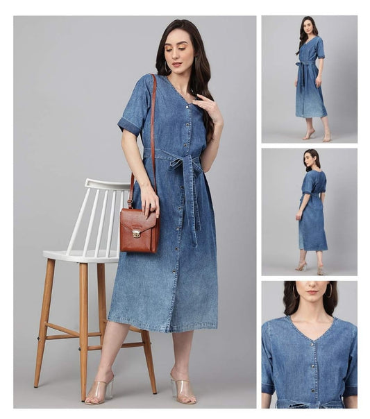 Denim blue shaded dress with half sleeves and belt