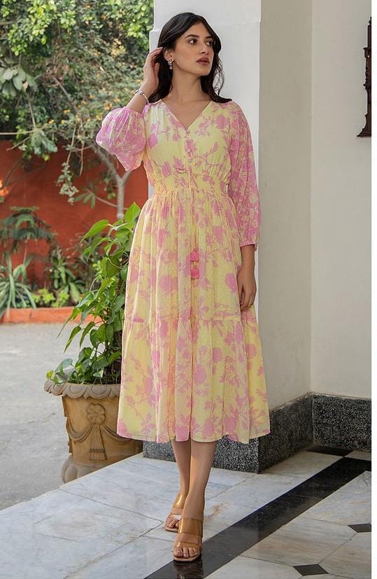 Dobby georgette midi dress in yellow and pink floral design