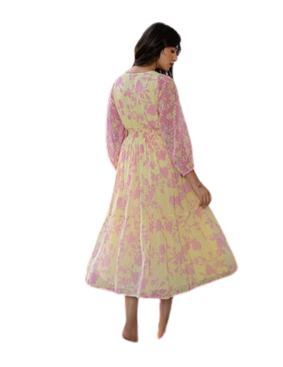 Dobby georgette midi dress in yellow and pink floral design