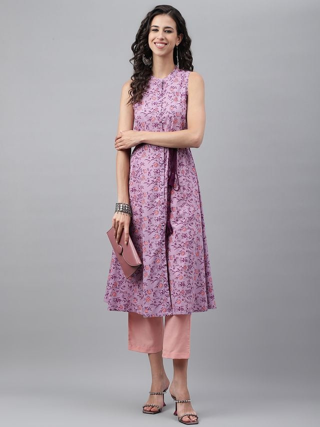 Cotton sleeveless dress with mandarin collar in lavender