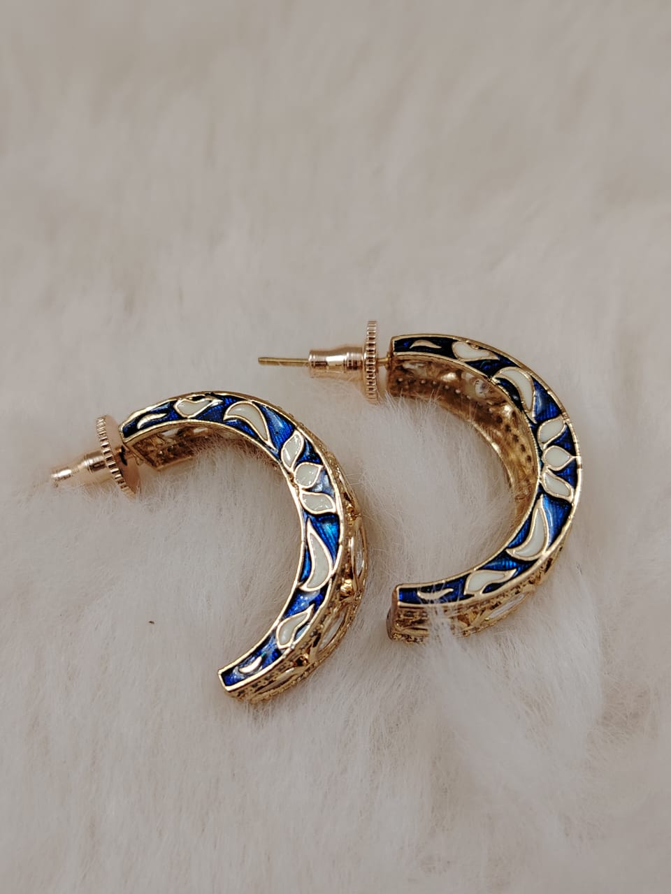 Beautiful blue and white meenakari with kundan half rings