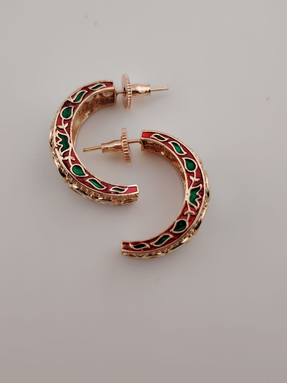 Beautiful red and green meenakari with kundan half rings