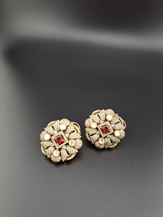 Antique big studs with ruby, zircons and american diamonds