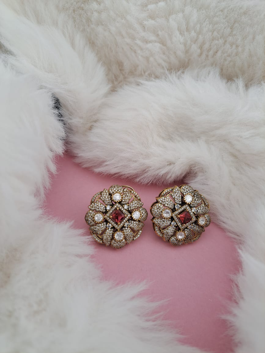 Antique big studs with ruby, zircons and american diamonds