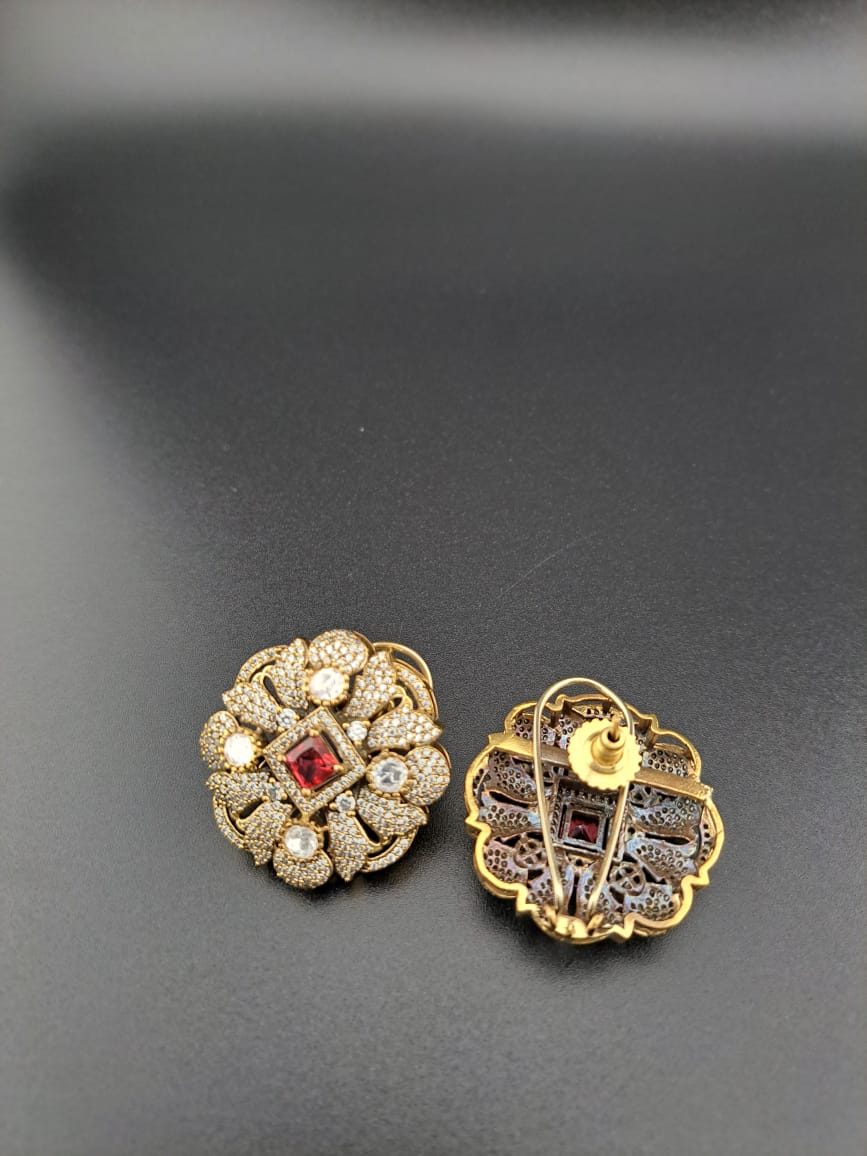 Antique big studs with ruby, zircons and american diamonds