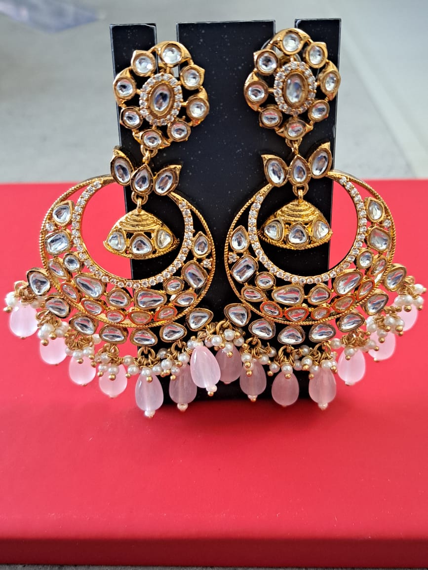 Kundan chandbali with kundans, american diamonds,pearls and pink beads