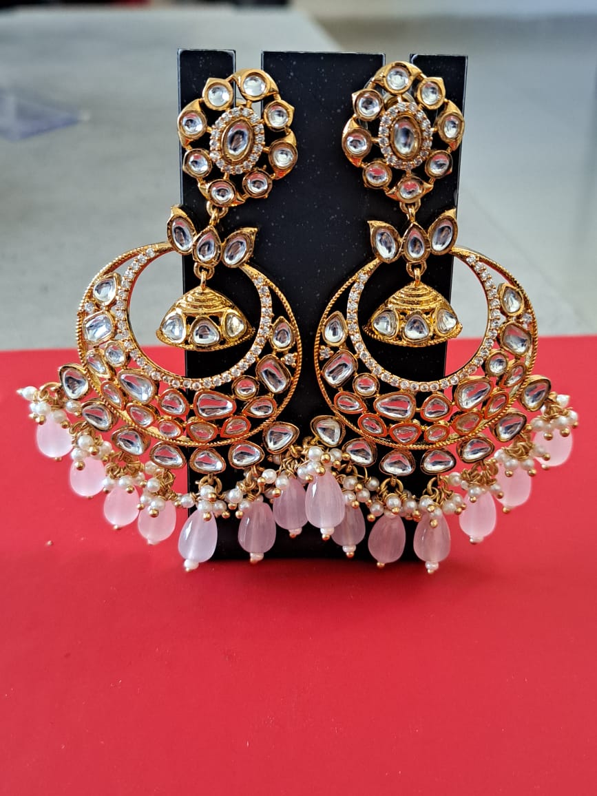 Kundan chand bali with kundans, american diamonds, pearls and pink beads