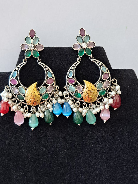 German silver chand bali with multi color stones
