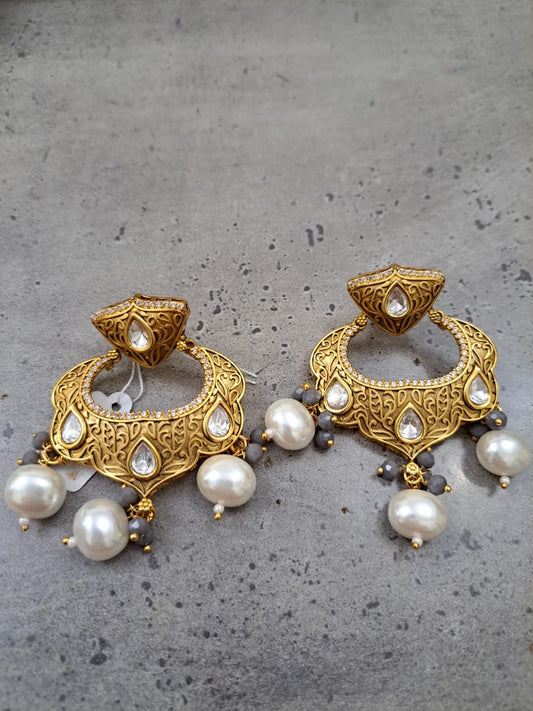 Antique kundan gold carving chand bali with pearls and hydrobeads