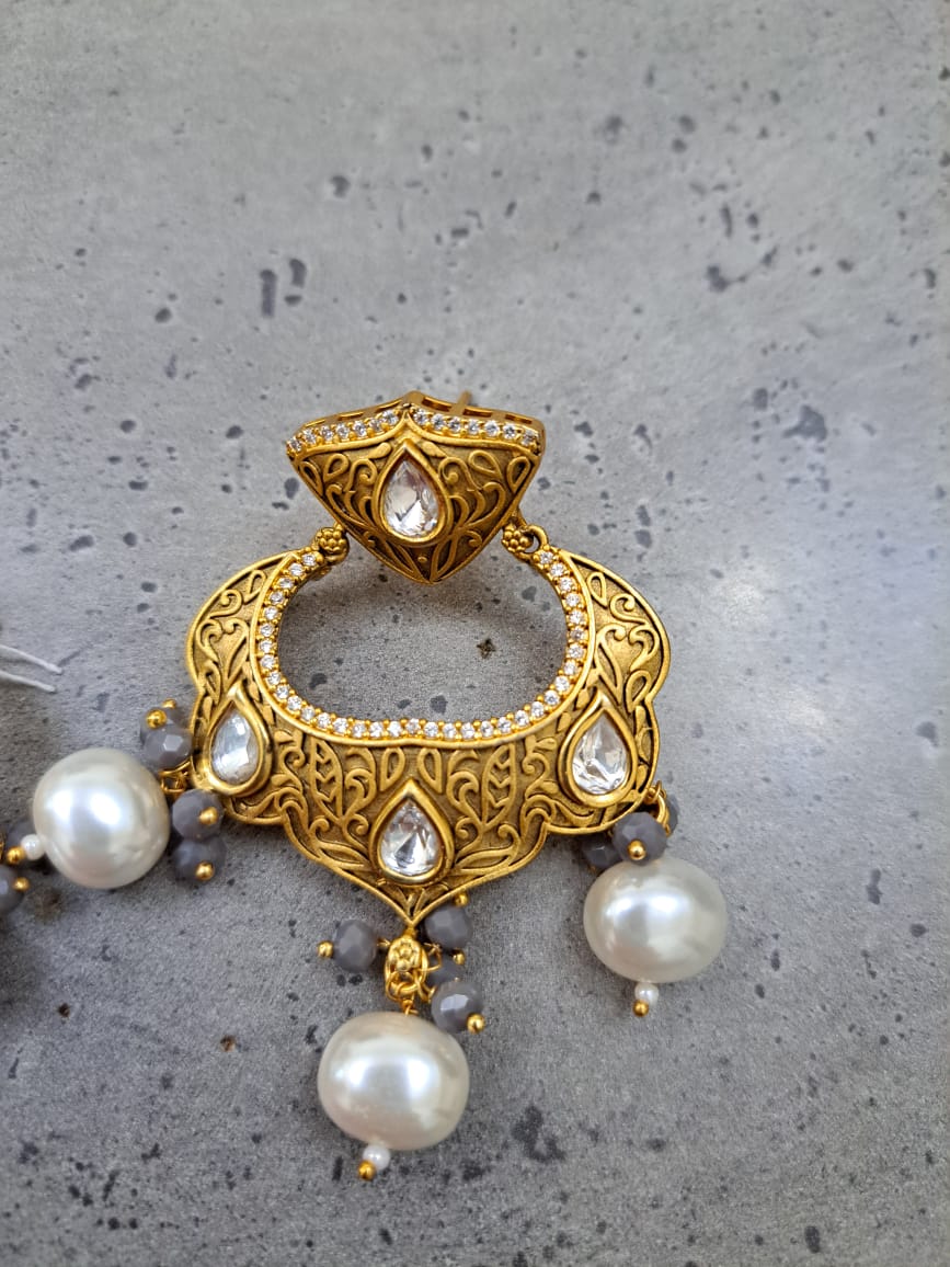 Antique  kundan gold carving chand bali with pearls and hydrobeads