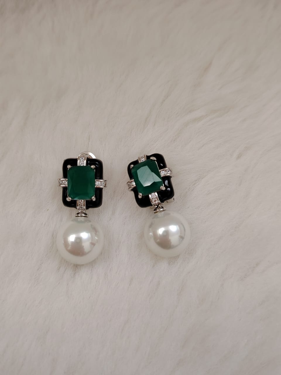 Swarovski inspired green crystal earrings with pearl drop