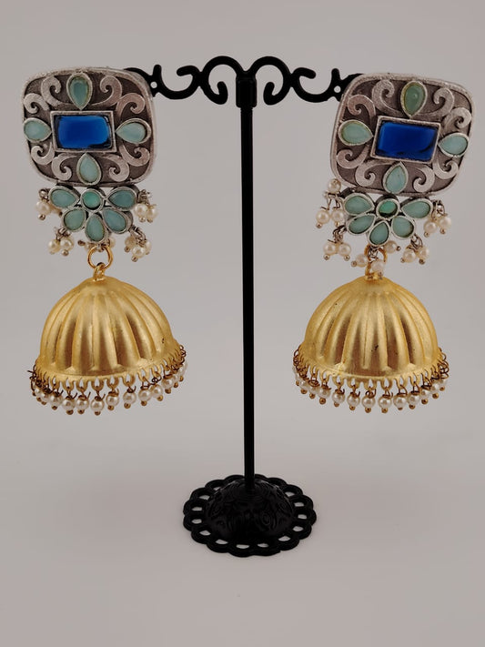 Two tone jhumkas with blue pota stones