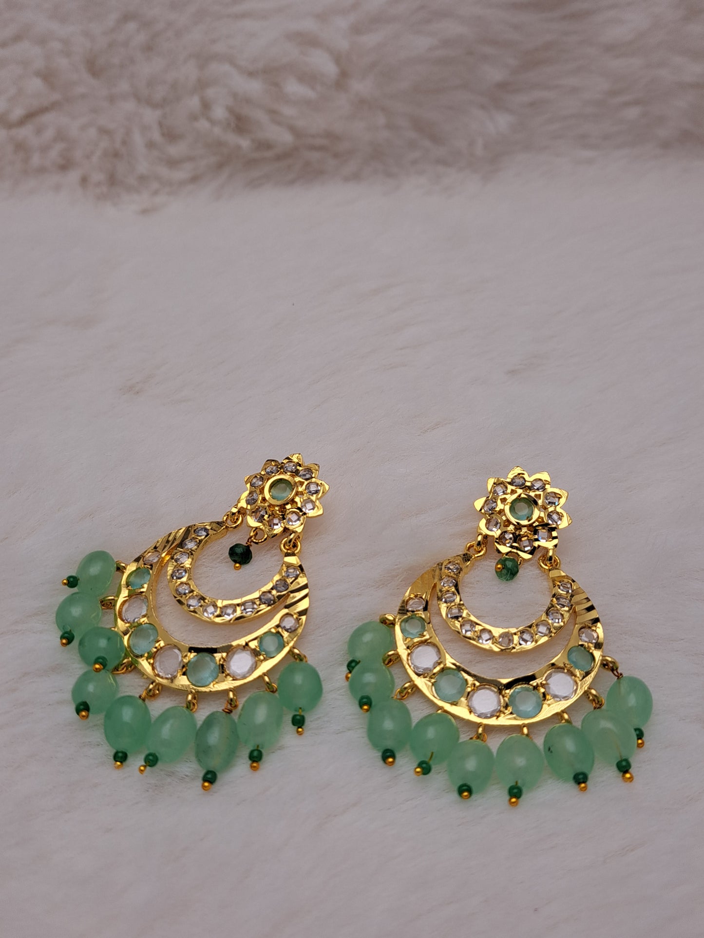 Hyderabadi double ring chand baali with polki and sea green color stones and awaze