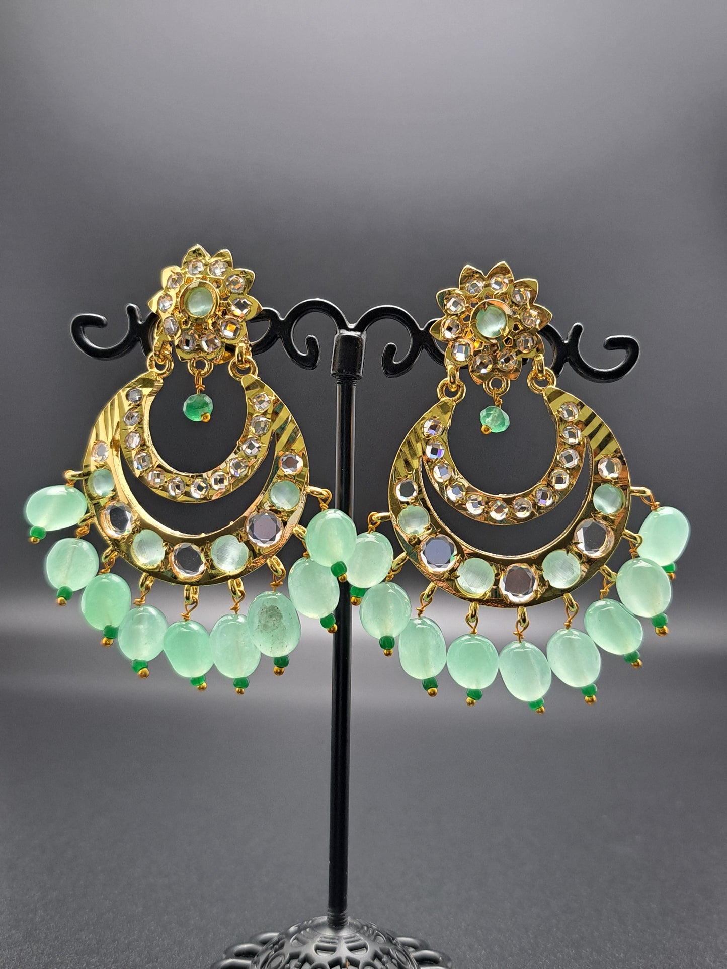 Hyderabadi double ring chand baali with polki, sea green color stones and awaze