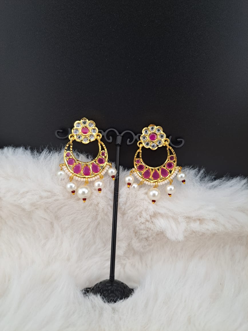 Hyderabadi small chandbali with uncut polki and dark pink stones