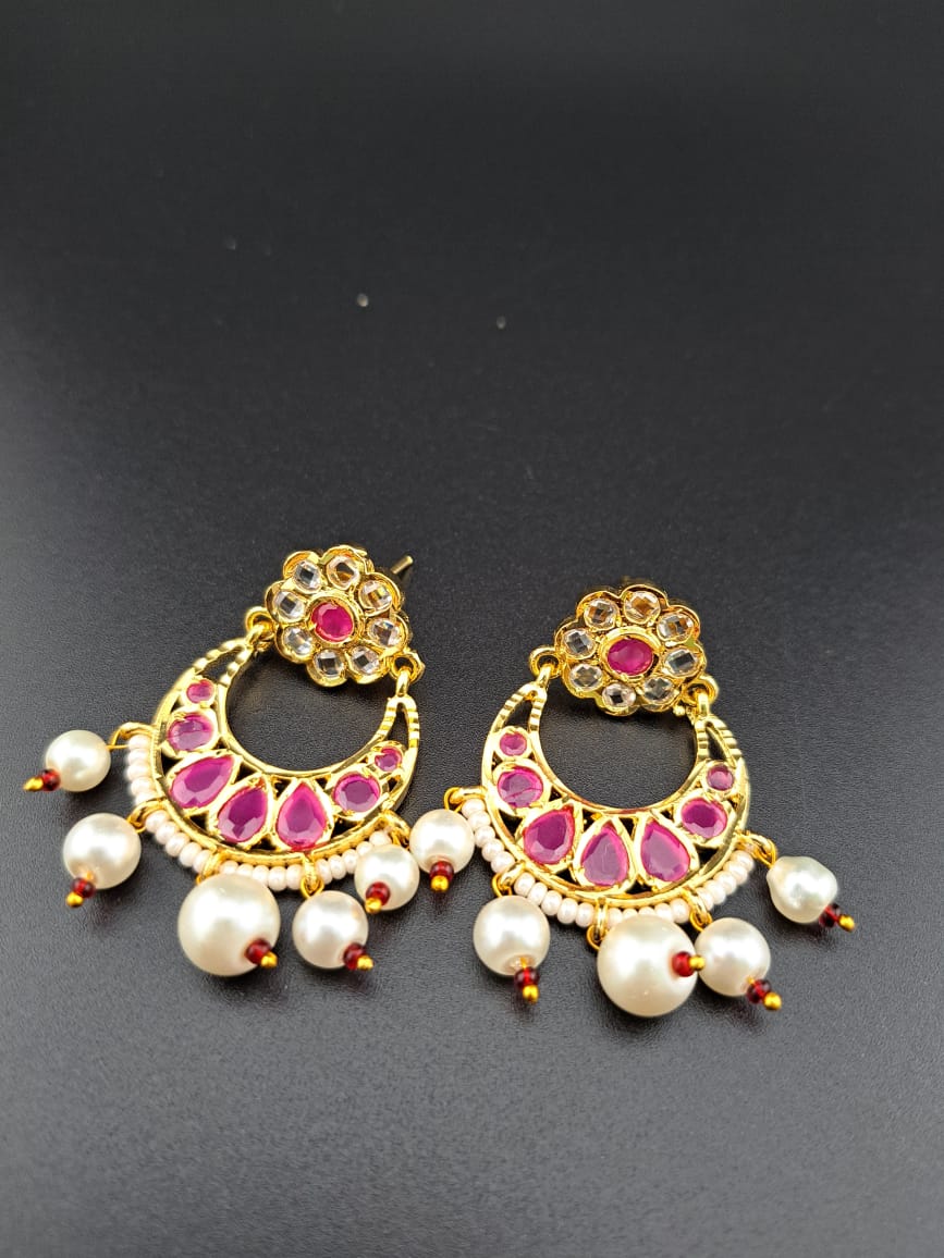 Hyderabadi small chandbali with uncut polki and dark pink stones