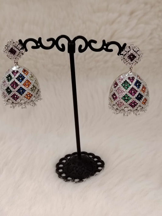 Silver jhumka with muticolor semi-precious stones