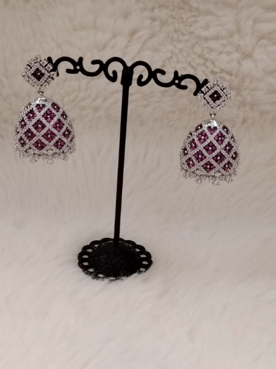 Silver jhumka with hot pink semi-precious stones